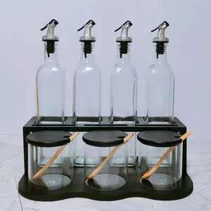 Popular Bamboo Rack Organizer Vinegar Olive Oil Bottle Canister Jar Sets for Pantry Kitchen Storage