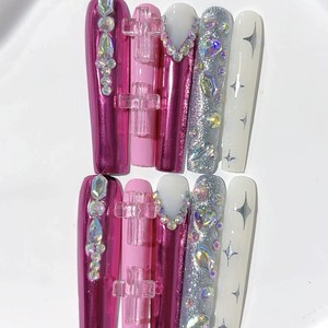 Faux ongles à presser faits main, longs, style ballet, avec 50 petits strass étincelants et brillants, 10 pièces - Product Image 2
