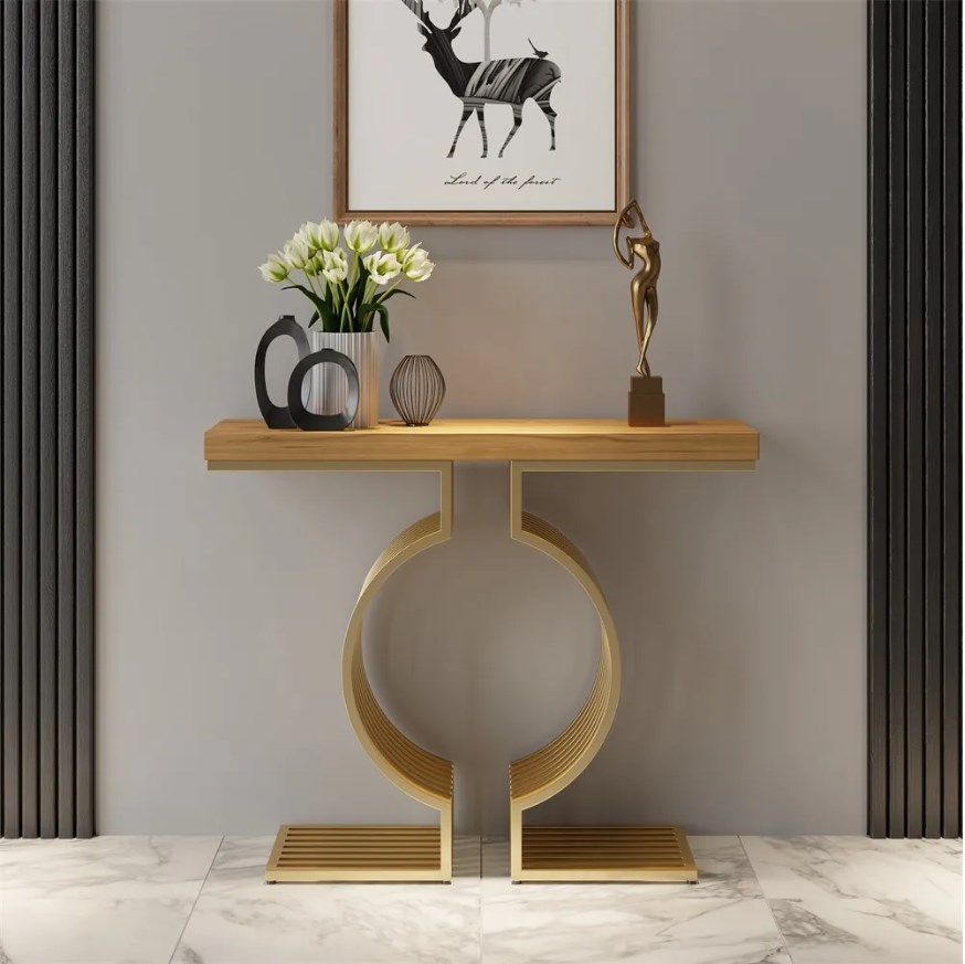 Modern narrow geometric metal base walnut entryway table console table