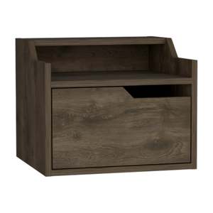 Mesita de Noche Flotante Moderna con un Cajón, Madera Oscura, Dos Niveles, Estante Superior, Mesa Auxiliar Montada en la Pared - Product Image 2