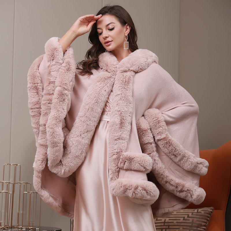 New Winter Temperament Women's Cashmere Shawl With Faux Fur Trims To Keep Warm And Soft Wool Double-edged Fur Cloak Poncho shawl