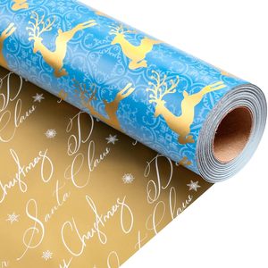 Reversible Blue Christmas Wrapping <b>Paper</b> <b>Roll</b> Gold Reindeer 17 In x 32.8 Ft Gift <b>Wrap</b> For Holiday Crafting - Product Image 1