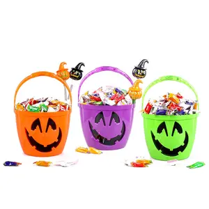 PVC Halloween bucket pumpkin portable mini plastic LED light pumpkins with smiley ghost face for party decoration