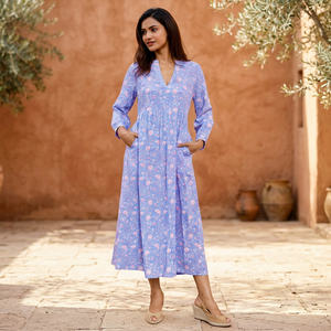 Robe longue en rayonne à imprimé floral, élégante et modeste, pour femme, idéale pour le bureau |   Robe décontractée bohème à manches longues |   Robe trapèze à col en V - Product Image 1