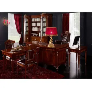 French Royal antique wooden executive office table and leather chair set design