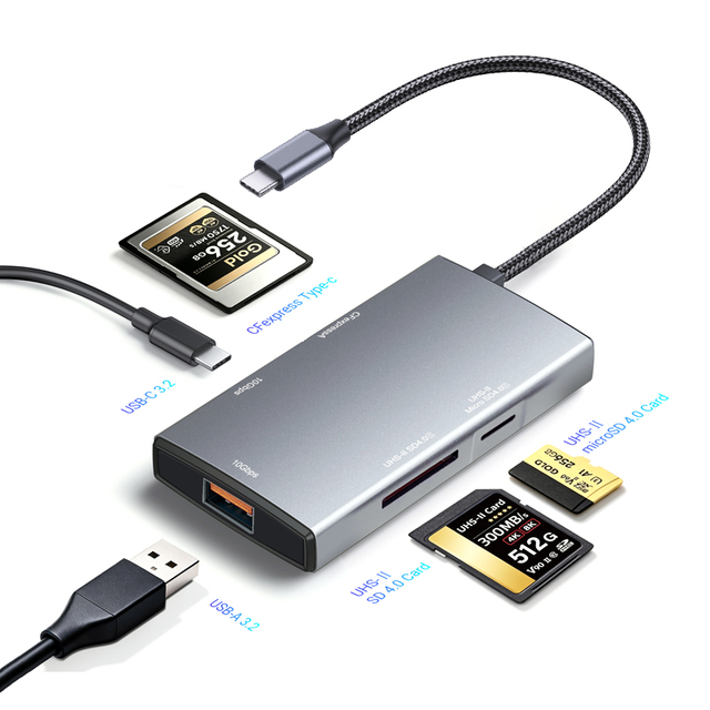 USB 3.2 Gen 2 10Gbps Triple Slot Card Reader for CFexpress Type a SD 4.0 MicroSD 4.0 with Aluminum Housing and OTG Support