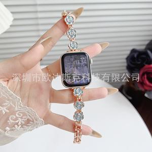 Correa de reloj metálica estilo camelia para Apple Watch 10 9 8 SE 7 6 5 4 3, con hebilla de acero inoxidable, moderna y duradera. - Product Image 4