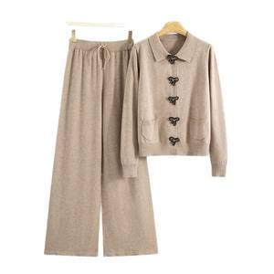 Conjunto de Punto <span class=keywords><strong>con</strong></span> Cuello Polo ELEGANTE para Mujer, Estilo Transfronterizo, Otoño Invierno, Nuevo Suéter de Manga Larga, Abrigo, Conjunto de Pantalones Anchos 0857 - Product Image 5