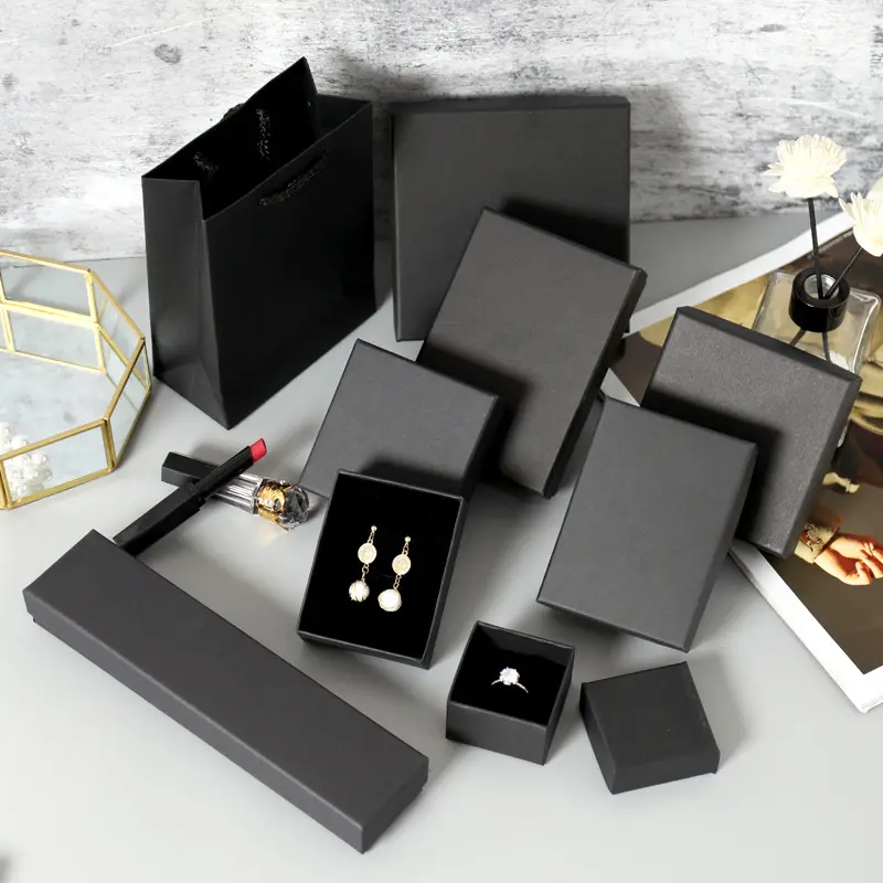 Wholesale luxury 7x9x3cm necklace ring custom personalized paper black jewelry packaging boxes