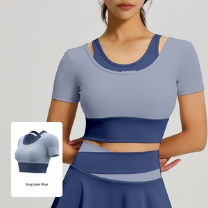 เสื้อยืดออกกำลังกายแขนสั้นแบบ 2 in 1 สำหรับผู้หญิง พร้อมบราในตัว กระชับรูปร่าง ไซส์ใหญ่ สำหรับเล่นโยคะและออกกำลังกาย ขายส่ง - Product Image 1
