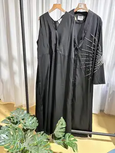 Abaya clássico 2024 Eid avançado preto requintado com contas desenho especial Abaya menina muçulmano vestido longo + casaco de verão árabe abaya