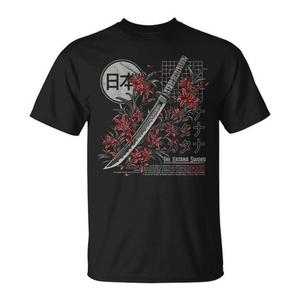 T-shirt promotionnel imprimé au dos avec motif de fleur de lys araignée rouge et épée katana japonaise - Product Image 1