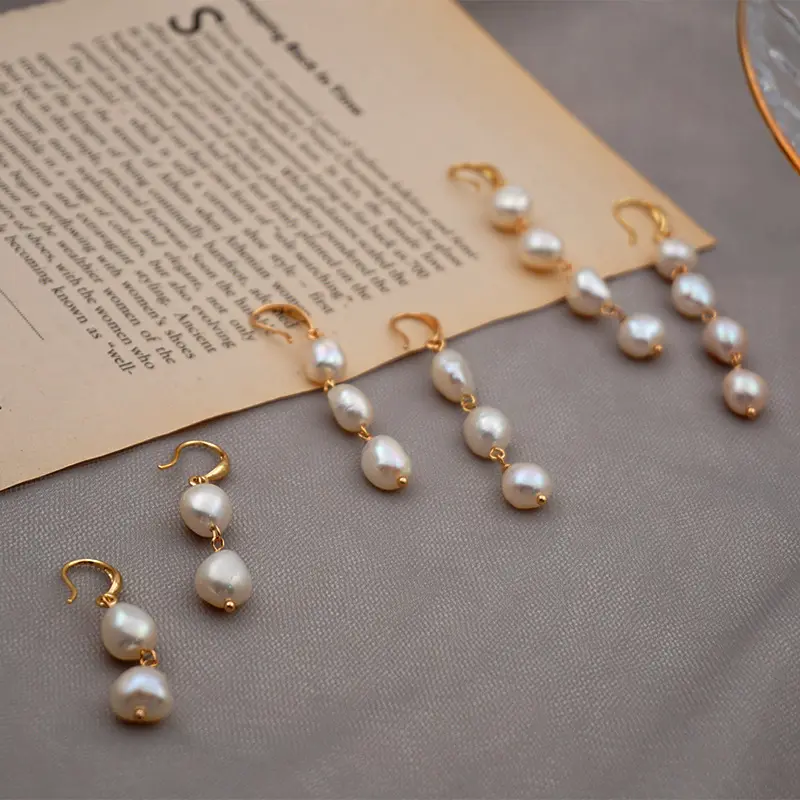 Vintage Brass Real 18k Gold Plated Irregular Baroque Pearl Hook Earrings Multiple Natural Freshwater Pearl Drop Earrings