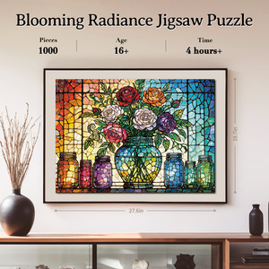 Puzzle de roses en vitrail 1000 pièces, finition mate en couleur, jouet éducatif en carton - Product Image 5