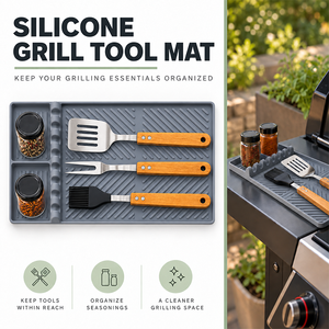 Tapis d'outils en silicone pour plancha - Accessoires de barbecue et de comptoir de cuisine faciles à nettoyer avec étagère latérale et spatule - Product Image 1