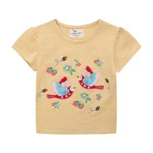 Girls' Striped Tee with Colorful Bird Applique - Casual Cute Short Sleeve Top