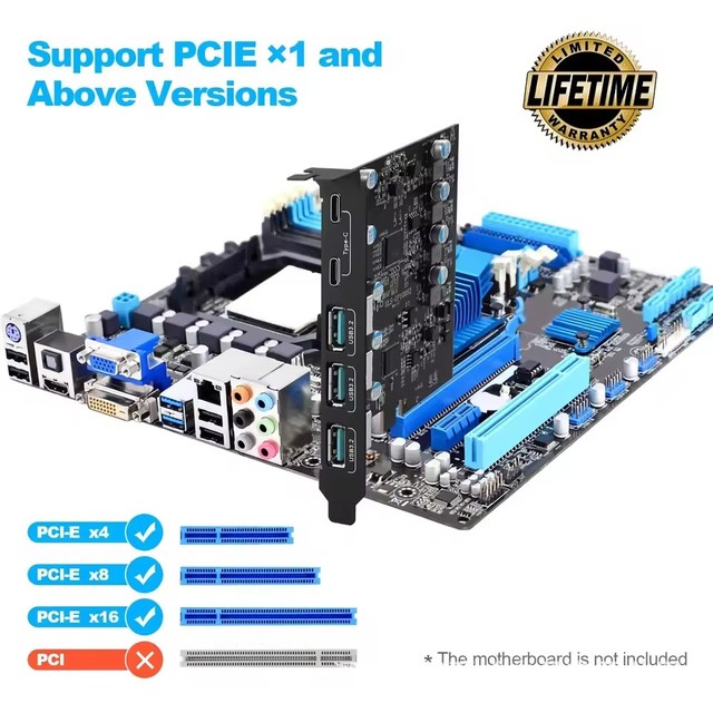 PCI-e USB 3.2 Card 20 Gbps Gen 2 with 5 Ports (USB-A -USB-C) Super-speed Splitter Adapter for Windows