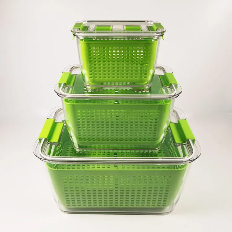 3 Pieces Set Plastic Fridge Refrigerator Organizer Bins Fruit Vegetable Food Storage Boxes Containers with Drain Basket