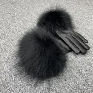 Modern Style Beautiful Design Colorful Raccoon Fur Cuff Genuine Leather Gloves For Women