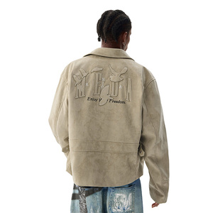 Veste en daim pour homme de haute qualité, col rabattu, ample, épaisse, imprimée, avec des patchs brodés de lettres, manches longues - Product Image 2