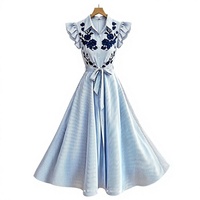 Robes midi évasées taille empire style coréen, romantiques, rayées, sans manches pour femme, été, respirantes, lavables, tissées