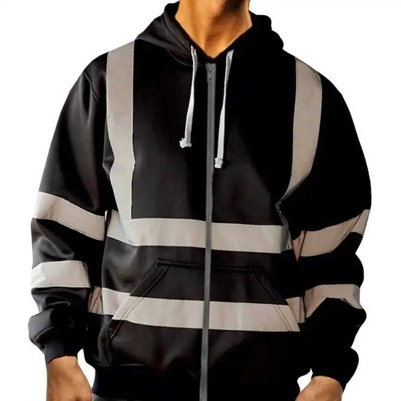 Hivis की आपूर्ति उच्च दृश्यता पुरुषों की चिंतनशील सुरक्षा जैकेट काले हूडि sweatshirt के कोट