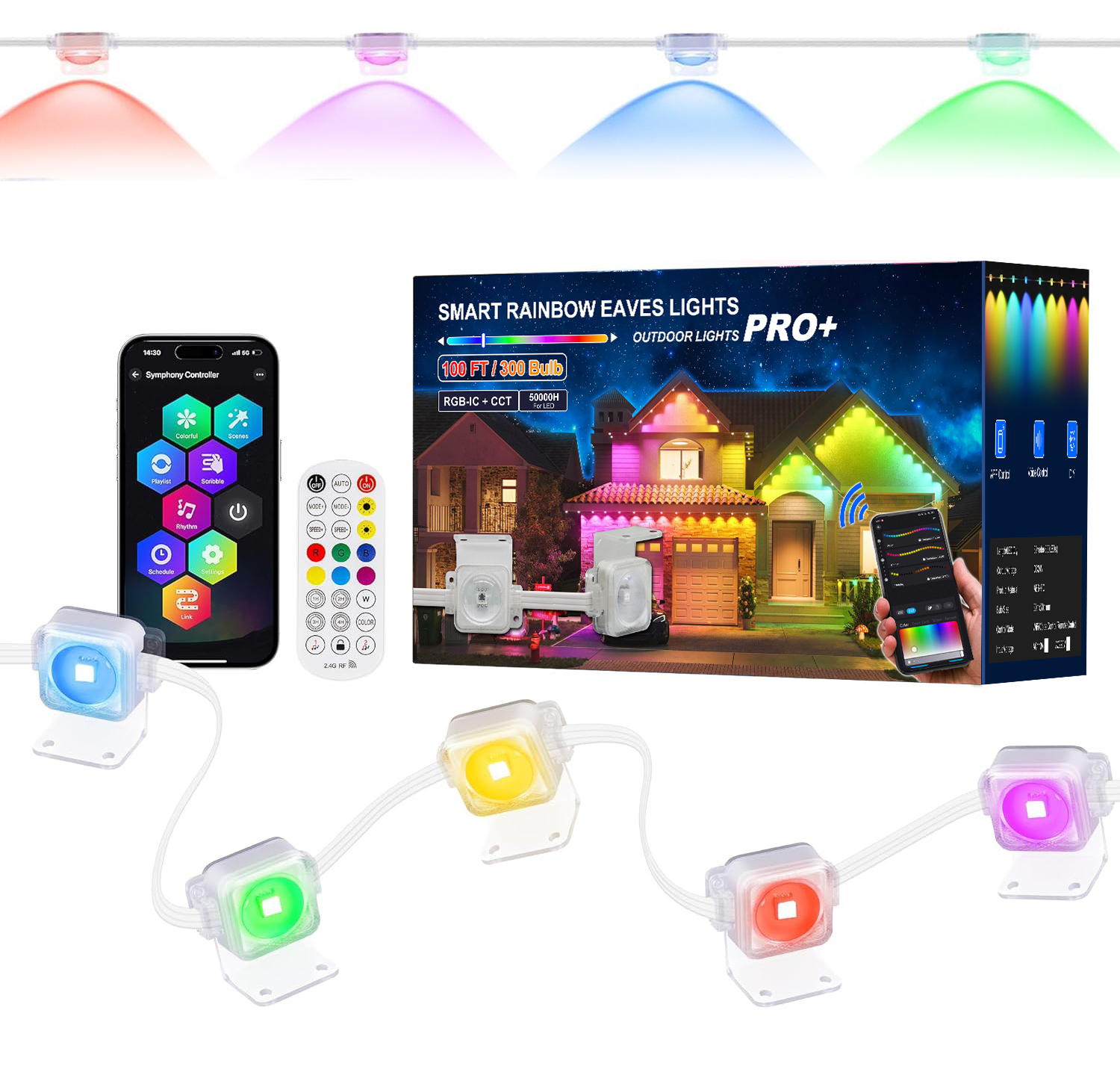 WEPPGO 100ft Permanent Outdoor RGBIC LED Pixel Lights, Smart Eave String Lights for Christmas Holida