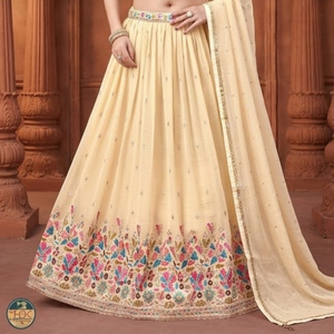 Women Designer Beige Embroidered Sleeveless <b>Lehenga</b> Choli with Flared <b>Skirt</b> and Matching Dupatta Set Indian Ethnic Party Wear - Product Image 5