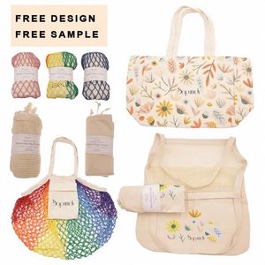 Sac en filet réutilisable 100% coton biologique certifié avec cordon de serrage et poignée en corde, personnalisable avec logo, pour courses, fruits, légumes et produits frais - Product Image 1