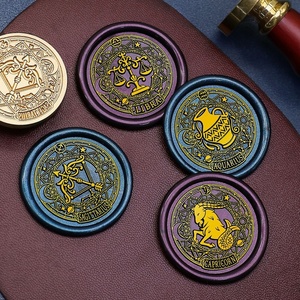 Juego <span class=keywords><strong>completo</strong></span> de 12 signos del zodiaco, sello de cera con tema mágico, cabezales de latón macizo para horóscopo, regalo de cumpleaños, cera de sellado, estilo místico DIY - Product Image 2