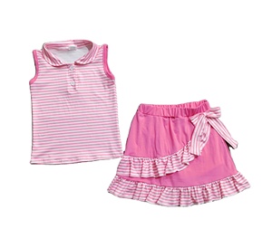 Conjunto Deportivo Informal Personalizado para Niñas, con Estampado de Rayas, Transpirable, Camiseta, Falda, Pantalones Cortos, Ropa Deportiva para Yoga - Product Image 1