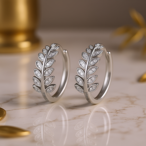 E2375 White Gold <b>Hoop</b> <b>Earrings</b> Marquise Cut Diamond Channel Setting Plant Design Women's Classic <b>Fine</b> Jewelry - Product Image 2