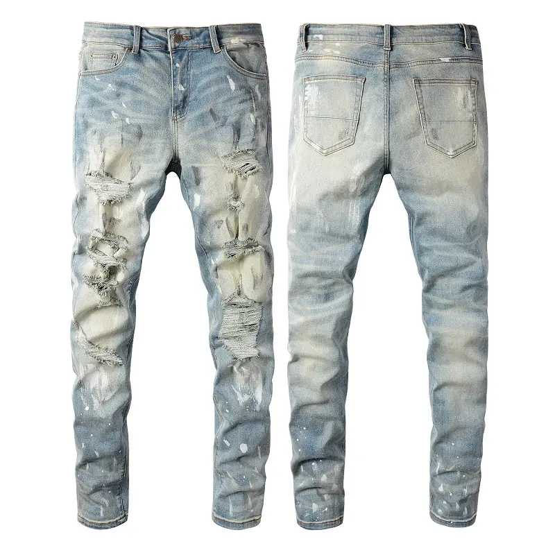 High Street Men's Jeans Ripped Fashion add logo factory jeans US Size damage Elastic denim pans skinny jeans for men