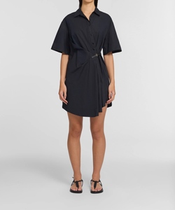 Women's <b>Black</b> Short Sleeve Shirt <b>Dress</b> <b>With</b> Belt Minimalist Style <b>Button</b> Closure Summer Wear Solid Color Woven Fabric - Product Image 4