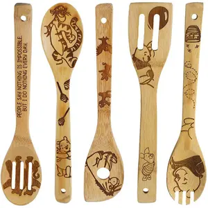 5 Pieces Engraved Bamboo Wood Slotted Spoon Christmas Cooking Nonstick Serving Utensils Kitchen Bamboo Spatula Set