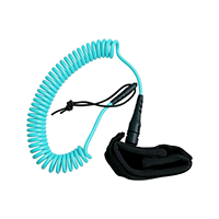 Laisse de surf enroulée turquoise en gros pour paddleboard, cordon spiralé premium de 10 pieds et 7 mm avec coussinet de confort, usine OEM, CE & BSCI