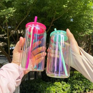 Verre à bière personnalisé de 16 oz avec logo, effet arc-en-ciel brillant, plaqué, vierge pour sublimation, avec couvercles colorés et paille pour wraps UV DTF - Product Image 2