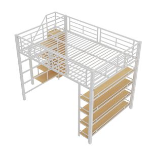 <span class=keywords><strong>Lit</strong></span> <span class=keywords><strong>mezzanine</strong></span> moderne DNF pour enfants 140x200cm, taille Twin XL, structure métallique, escalier de sécurité, tiroirs de rangement, placard, blanc - Product Image 6