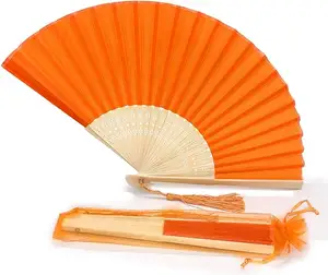 패브릭 핸드 헬드 접는 대나무 손 팬 오렌지 사용자 정의 로고 매력적인 우아한 현대