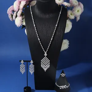 019979 mode gland pendentif Long collier ensemble pour femmes cubique zircone bijoux de mariée à la mode pull collier avec Turquoise