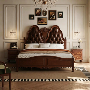 Traditional Wooden King Size Bed Frame with Tufted Genuine Leather Upholstered Headboard and Arched Design - Product Image 3