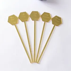 wholesale Elegant laser cut different names golden mirror acrylic stirrers for birthday parties and weddings