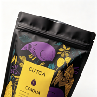 Sachet Doypack Artisanal Thème Alimentaire Thermoscellable PET/VMPET/PE pour Aliments Soufflés et Snacks, Anti-Lumière, Anti-Humidité, Personnalisable