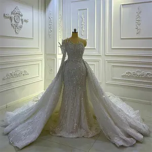 Vestido de noiva luxuoso com trem destacável Dubai Arábia vestido de noiva de renda com miçangas manga longa Cj062