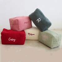 Tas Makeup Mini Kain Handuk Plush Pink dengan Logo Custom, Bordir Lucu, Pouch Kosmetik Travel, Organizer Kecil Portabel untuk Wanita dan Anak Perempuan