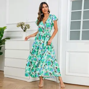 Tropical Print Belted Ruffle Hem Dresses, oem clothing vestidos para mujer women ladies summer dress 2023