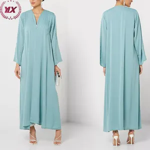 2023ファッションライトブルー絶妙な刺Embroideryデザインサテン生地ジルバブ2ピースアバヤイスラム教徒のドレスの女性