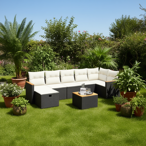 Conjunto de sofá de jardín de ratán blanco crema y negro con cojines, 6 plazas, muebles de exterior, diseño contemporáneo - Product Image 2