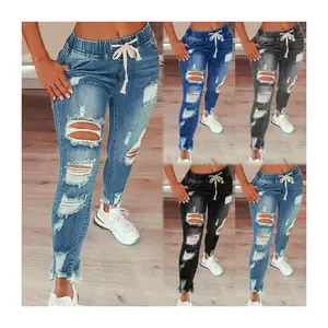 Jeans sobek untuk wanita, celana Denim kurus elastis pinggang tinggi modis ukuran ekstra besar