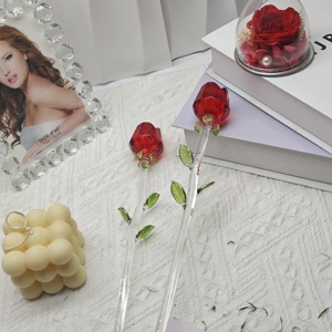 High Quality Hand Making Long Stem Glass Crystal Red Roses Flower Figurine for Valentine's Day Wedding Home Decor
